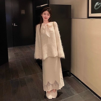 Комплект за бременни: ченилен пуловер и дантелена пола, есенно-зимно, дълги ръкави, моден стил: японско-корейски свободен стил, свободен силует, две части