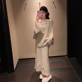 Комплект за бременни: ченилен пуловер и дантелена пола, есенно-зимно, дълги ръкави, моден стил: японско-корейски свободен стил, свободен силует, две части