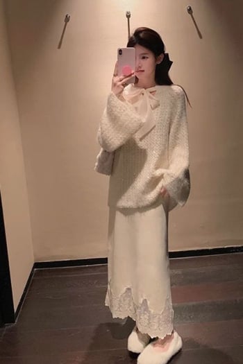 Комплект за бременни: ченилен пуловер и дантелена пола, есенно-зимно, дълги ръкави, моден стил: японско-корейски свободен стил, свободен силует, две части