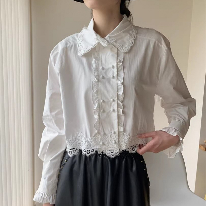 Bluza s čipkastim ukrasom i dugim rukavima, uzorak lubanje, pamuk-poliester materijal, halter ovratnik, elegantan gradski stil