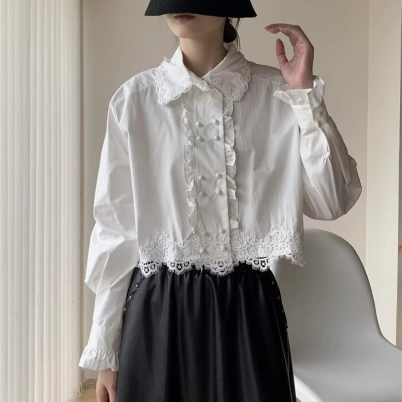 Bluza s čipkastim ukrasom i dugim rukavima, uzorak lubanje, pamuk-poliester materijal, halter ovratnik, elegantan gradski stil