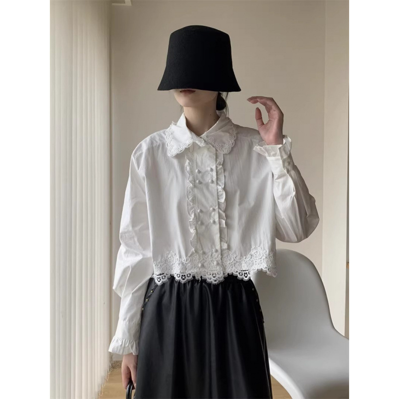 Bluza s čipkastim ukrasom i dugim rukavima, uzorak lubanje, pamuk-poliester materijal, halter ovratnik, elegantan gradski stil