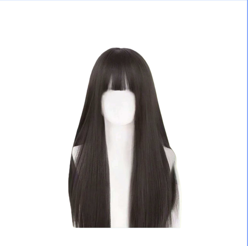 Ženska perika, duga ravna kosa s bangs, potpuno pokrivanje glave, korejski stil, vlakno otporno na visoke temperature, lagan svakodnevni izgled
