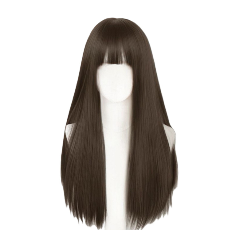 Ženska perika, duga ravna kosa s bangs, potpuno pokrivanje glave, korejski stil, vlakno otporno na visoke temperature, lagan svakodnevni izgled