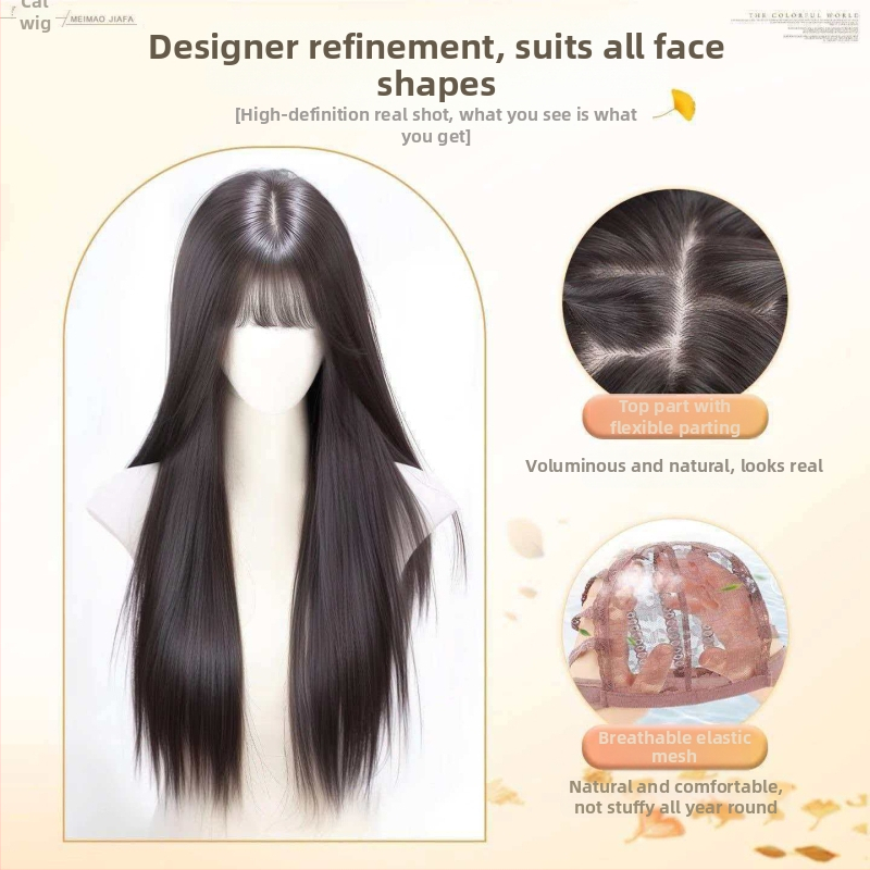 Ženska perika, duga ravna kosa s bangs, potpuno pokrivanje glave, korejski stil, vlakno otporno na visoke temperature, lagan svakodnevni izgled