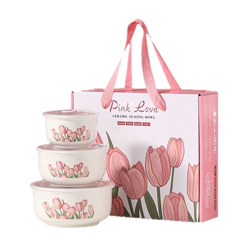 Keramička zdjela za rezance s tulipanim uzorkom, trodjelni set, mikrovalno sigurna, kapacitet 800–1000 ml