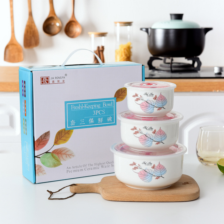 Keramička zdjela za rezance s tulipanim uzorkom, trodjelni set, mikrovalno sigurna, kapacitet 800–1000 ml