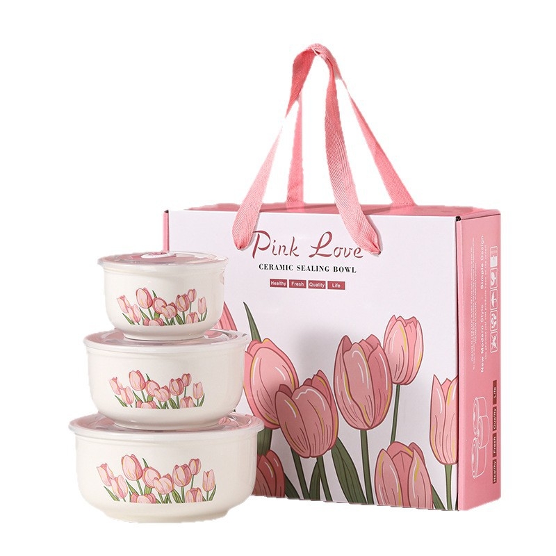 Keramička zdjela za rezance s tulipanim uzorkom, trodjelni set, mikrovalno sigurna, kapacitet 800–1000 ml