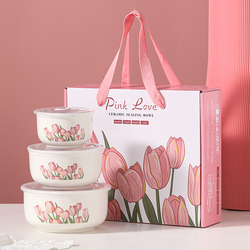 Keramička zdjela za rezance s tulipanim uzorkom, trodjelni set, mikrovalno sigurna, kapacitet 800–1000 ml