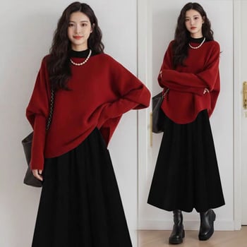 Майчински комплект: пуловер с дълги ръкави и дълга рокля за бременни, вискозно влакно, зима