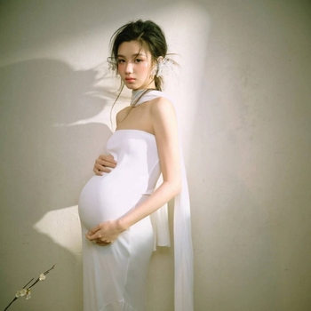 Костюм за фотосесия на бъдеща майка — без ръкави, средно дълга пола, полиестерна тъкан, 90–95% полиестер, стил свеж и сладък