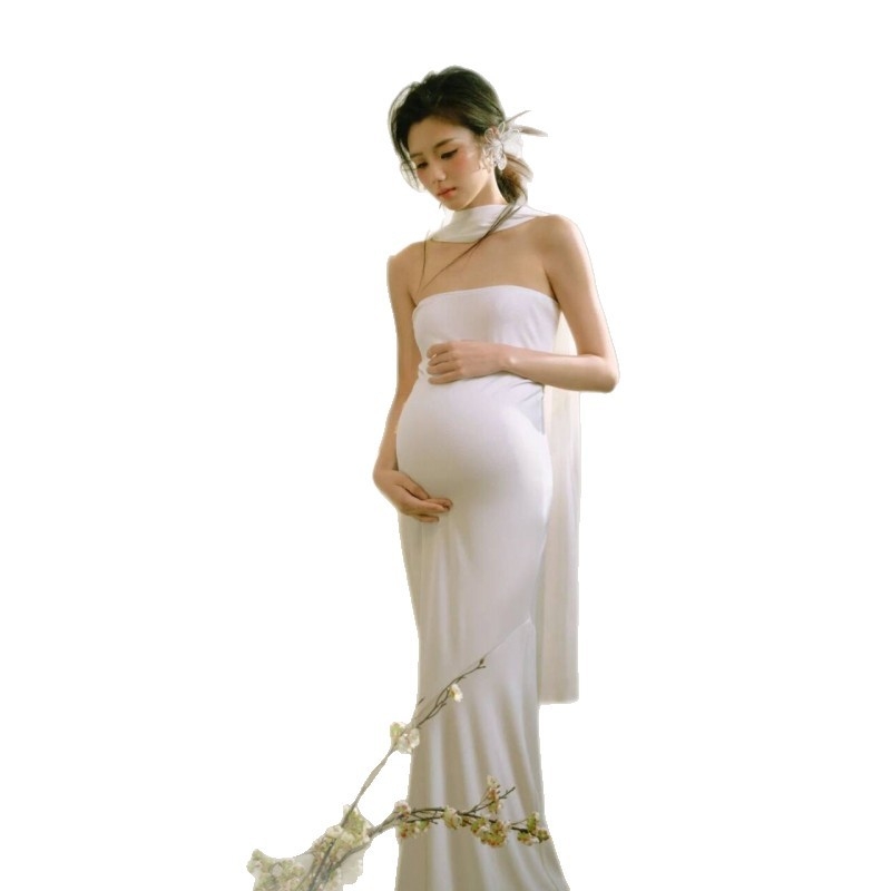 Костюм за фотосесия на бъдеща майка — без ръкави, средно дълга пола, полиестерна тъкан, 90–95% полиестер, стил свеж и сладък