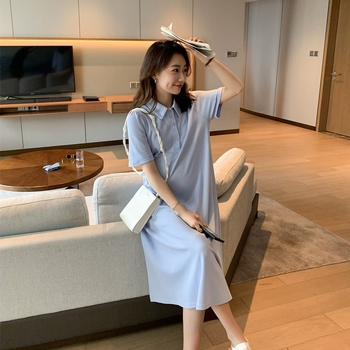 Бременна лятна рокля с поло яка, ръкав 3/4, полиестер, едноцветна, А-лине рокля