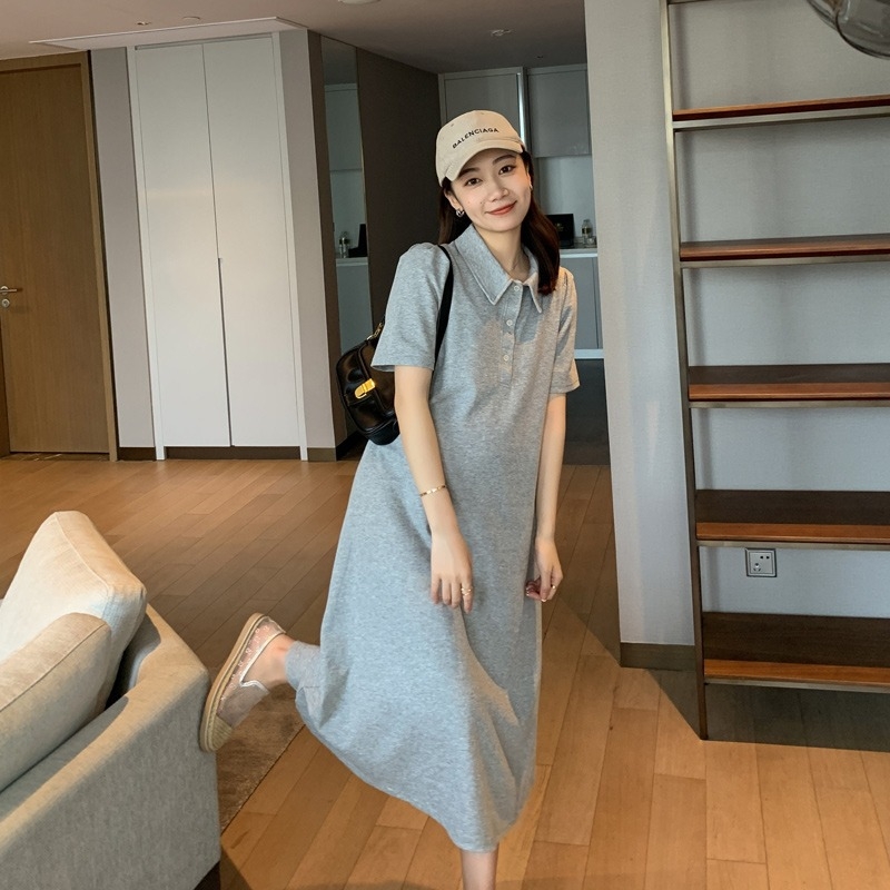 Бременна лятна рокля с поло яка, ръкав 3/4, полиестер, едноцветна, А-лине рокля