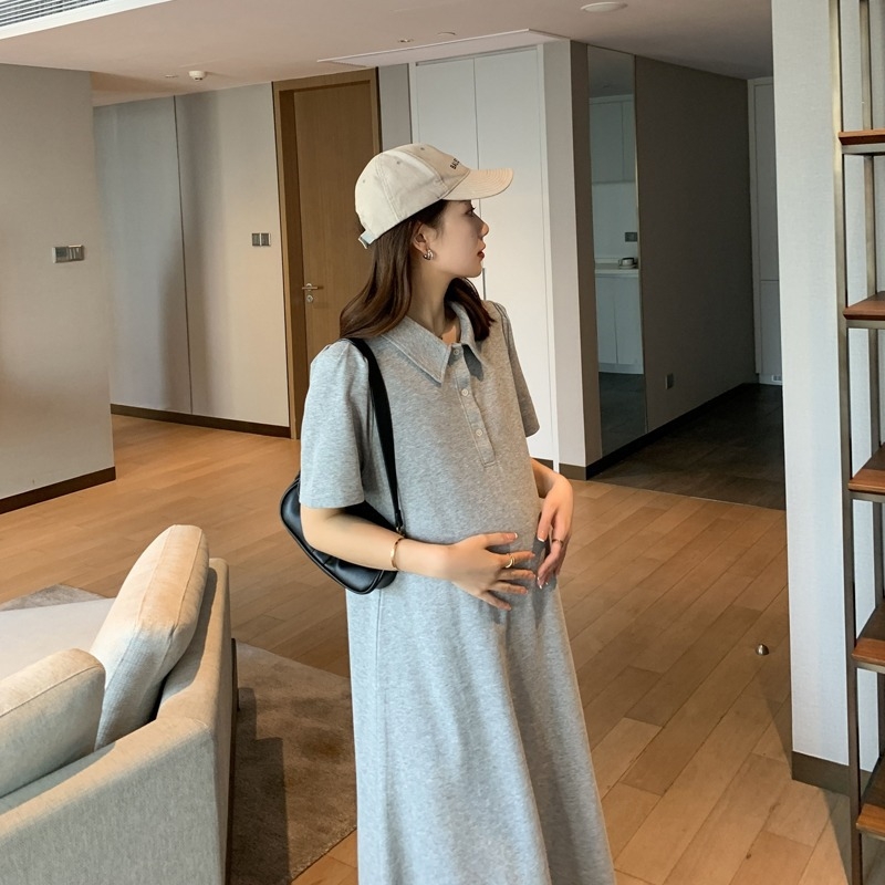 Бременна лятна рокля с поло яка, ръкав 3/4, полиестер, едноцветна, А-лине рокля