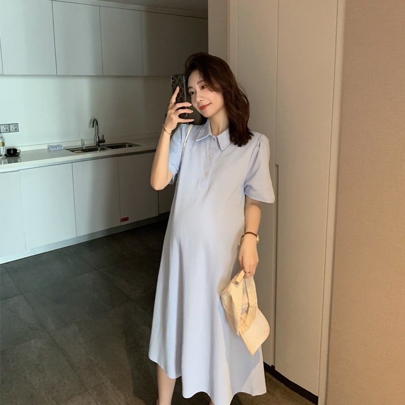 Бременна лятна рокля с поло яка, ръкав 3/4, полиестер, едноцветна, А-лине рокля