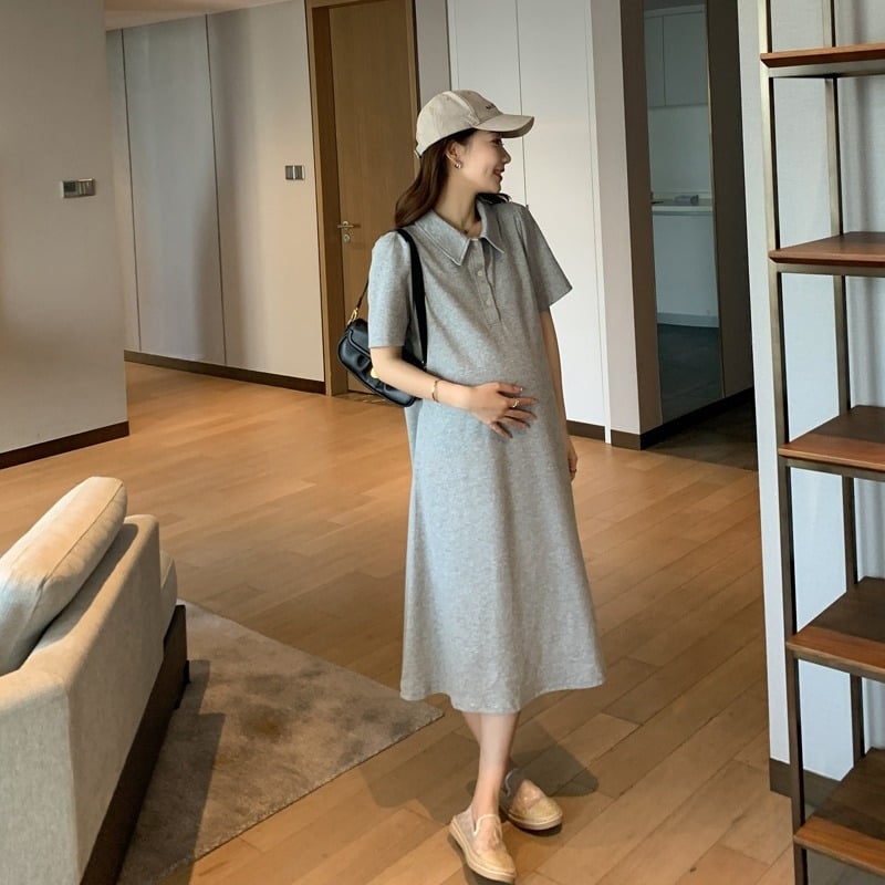 Бременна лятна рокля с поло яка, ръкав 3/4, полиестер, едноцветна, А-лине рокля