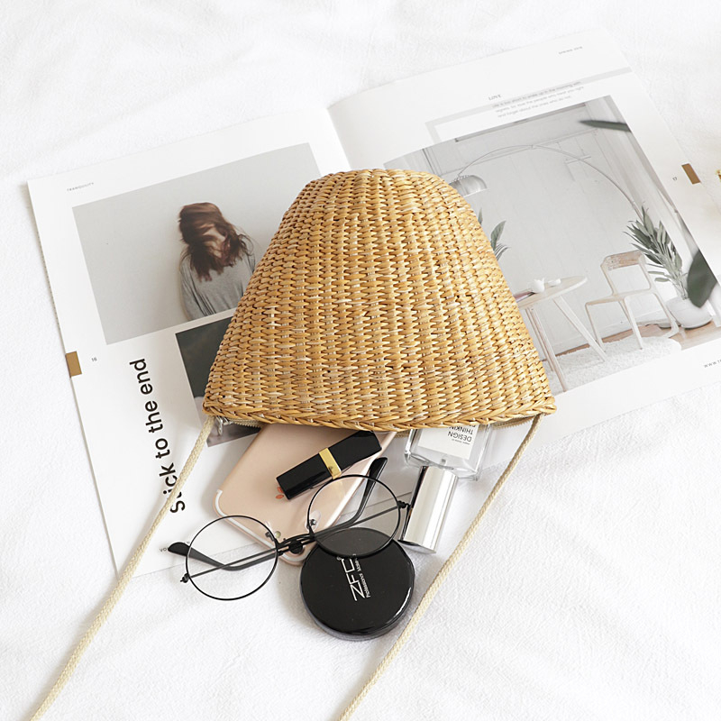 Szalmából készült kagyló alakú válltáska cipzárral és nylon béléssel, crossbody, friss és édes stílus