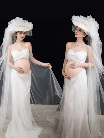 Set za photoshooting trudnice – bezrukavni kostim s suknjom, književno retro stil, midi duljina suknje, 90–95% poliester