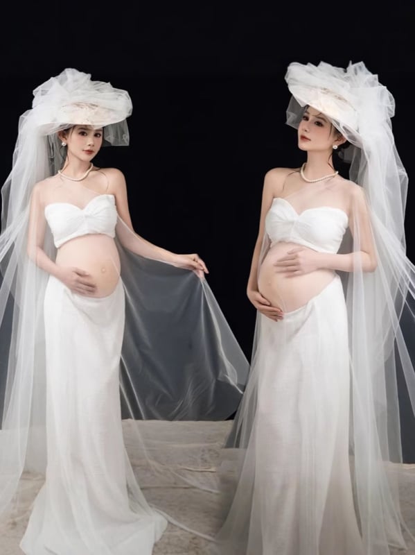 Set za photoshooting trudnice – bezrukavni kostim s suknjom, književno retro stil, midi duljina suknje, 90–95% poliester