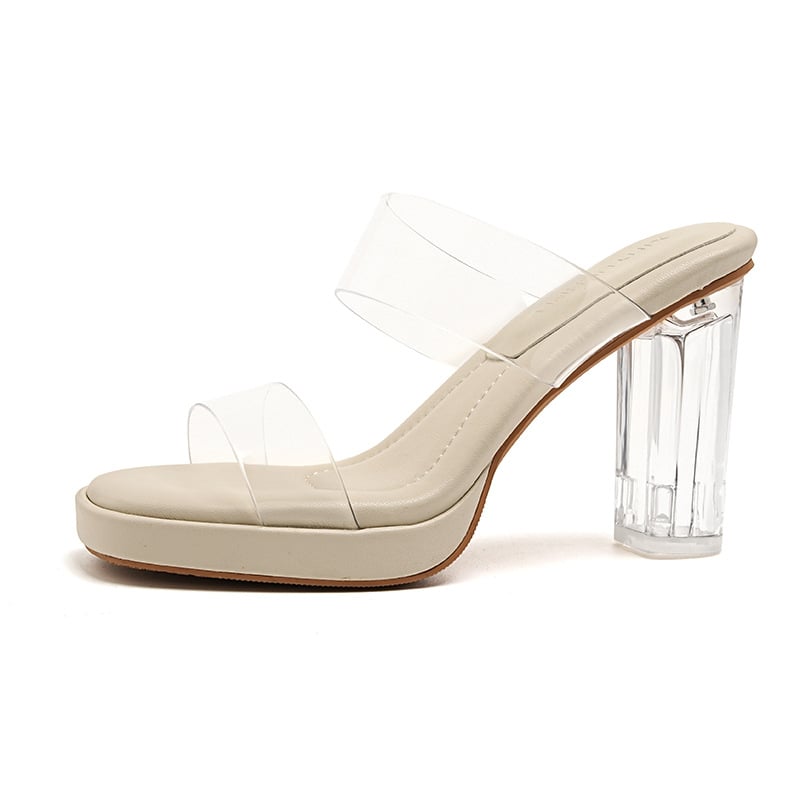 PVC felsőrészes magas sarkú szandálok, kristályos díszítéssel, négyzetes orr, alacsony felső rész, gumírozott talp, 2025 nyár