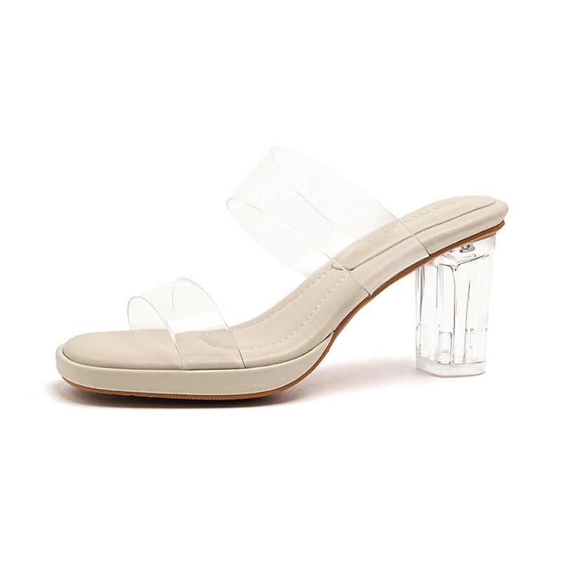 PVC felsőrészes magas sarkú szandálok, kristályos díszítéssel, négyzetes orr, alacsony felső rész, gumírozott talp, 2025 nyár