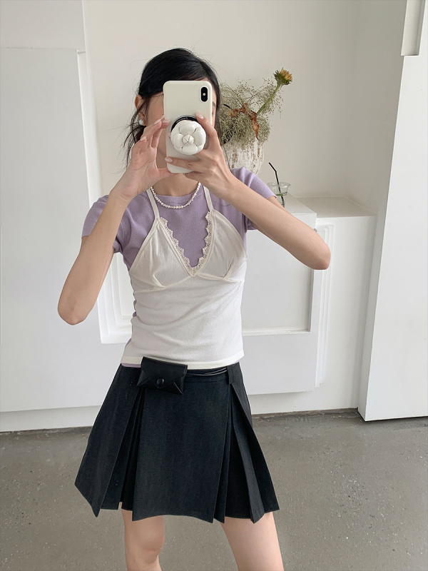 Majica 100% Lyocell, lažno dvodijelni komplet u korejskom stilu, kratki rukavi, okrugli izrez, slim fit