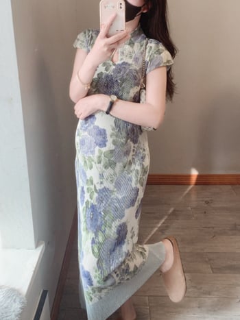 Рокля за бременни в стил Cheongsam с флорален принт, стойкова яка, ръкави 3/4, средна дължина с A-line, полиестер