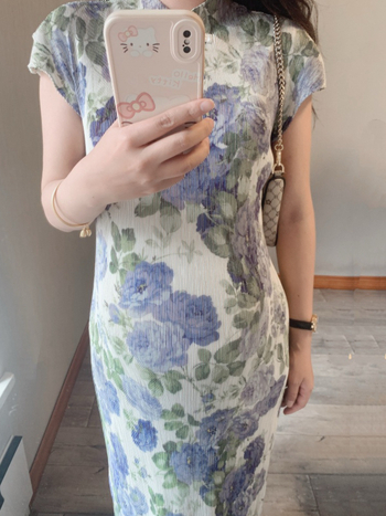 Рокля за бременни в стил Cheongsam с флорален принт, стойкова яка, ръкави 3/4, средна дължина с A-line, полиестер