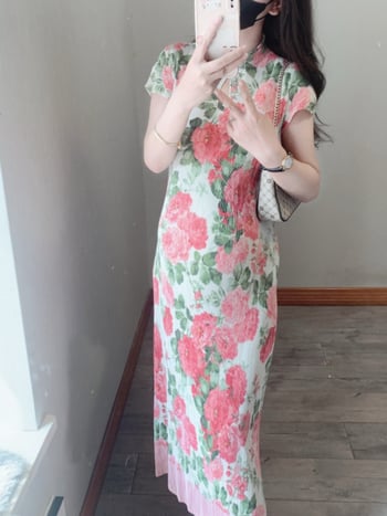 Рокля за бременни в стил Cheongsam с флорален принт, стойкова яка, ръкави 3/4, средна дължина с A-line, полиестер