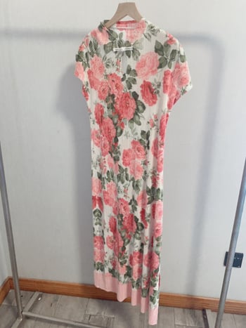 Рокля за бременни в стил Cheongsam с флорален принт, стойкова яка, ръкави 3/4, средна дължина с A-line, полиестер