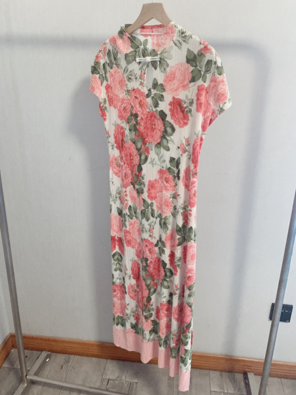 Рокля за бременни в стил Cheongsam с флорален принт, стойкова яка, ръкави 3/4, средна дължина с A-line, полиестер