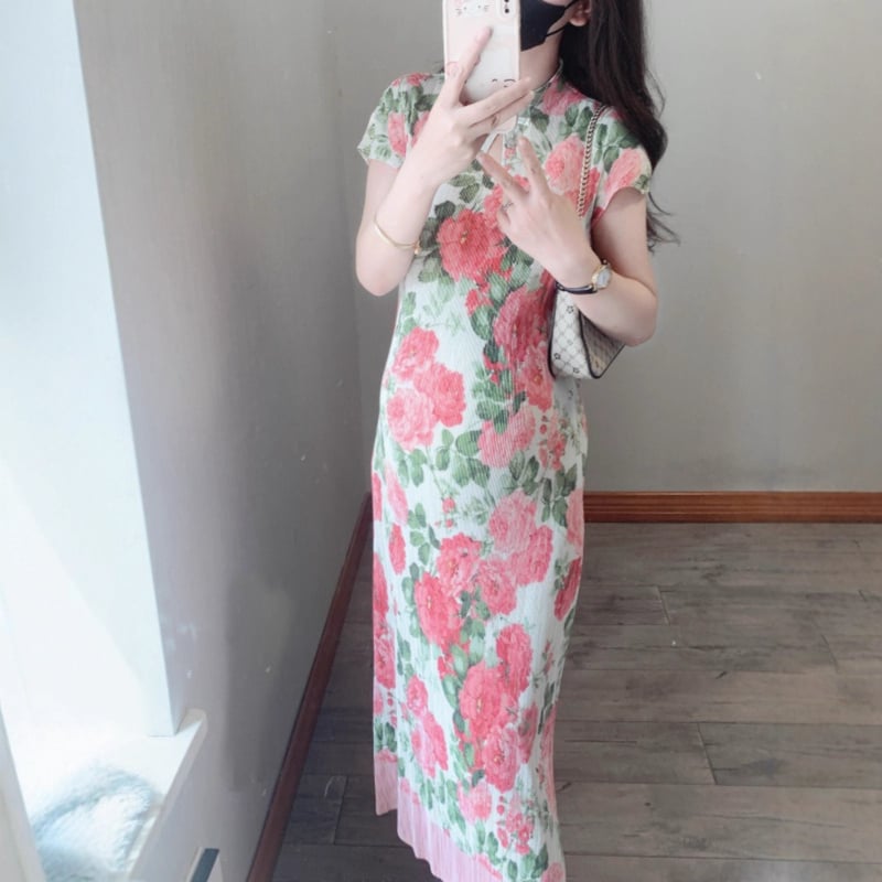 Рокля за бременни в стил Cheongsam с флорален принт, стойкова яка, ръкави 3/4, средна дължина с A-line, полиестер