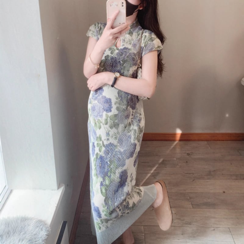 Рокля за бременни в стил Cheongsam с флорален принт, стойкова яка, ръкави 3/4, средна дължина с A-line, полиестер