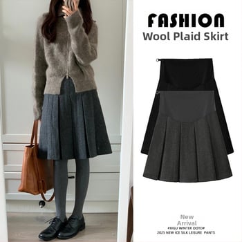 Пола за бременни от вълнен бленд, плисирана, средна дължина, едноцветна, зимен стил