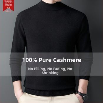 Πουλόβερ κασμίρι ανδρών — ημι-υψηλός λαιμός, φαρδιά γραμμή, μακριά μανίκια, 95% κασμίρι, Χειμώνας 2024