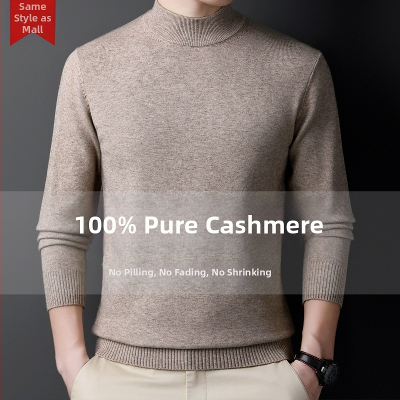 Pánske kasmírové svetre — polovičný vysoký golier, voľný strih, dlhé rukávy, 95% kasmír, Zima 2024