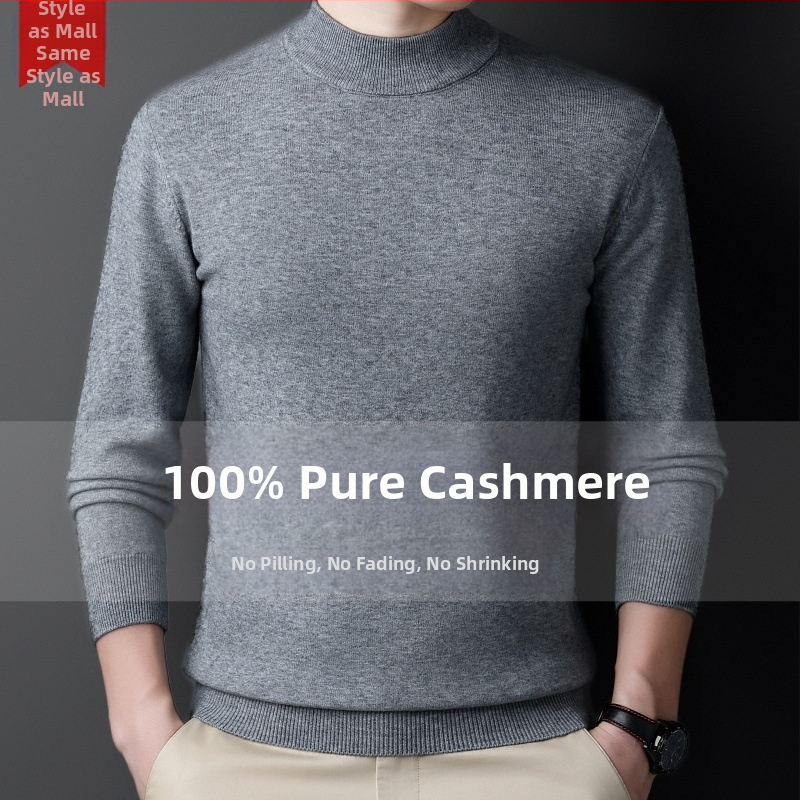 Pánske kasmírové svetre — polovičný vysoký golier, voľný strih, dlhé rukávy, 95% kasmír, Zima 2024