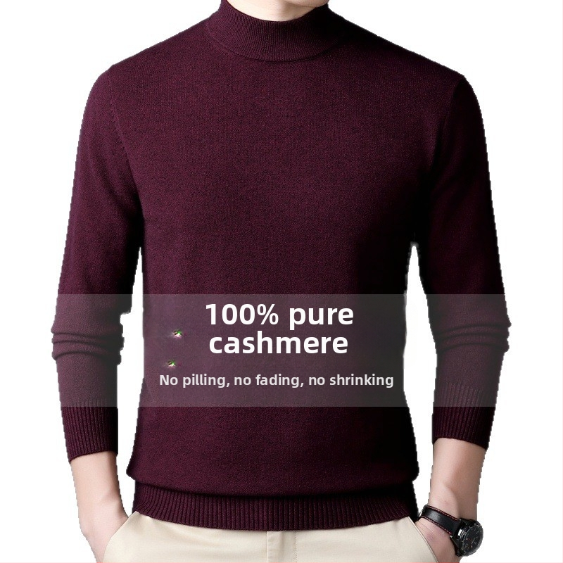 Pánske kasmírové svetre — polovičný vysoký golier, voľný strih, dlhé rukávy, 95% kasmír, Zima 2024