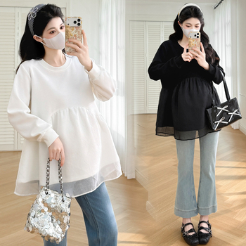 Бременна топ с патчворк, кръгла яка, дълги ръкави, средна дължина, смес акрил/полиестер/спандекс