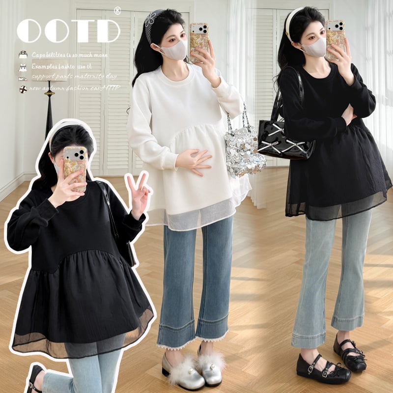 Бременна топ с патчворк, кръгла яка, дълги ръкави, средна дължина, смес акрил/полиестер/спандекс