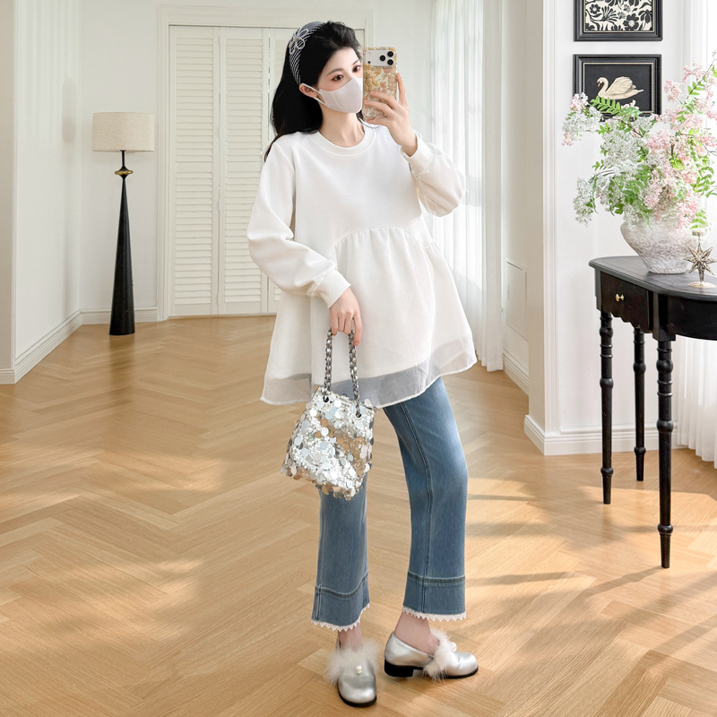 Бременна топ с патчворк, кръгла яка, дълги ръкави, средна дължина, смес акрил/полиестер/спандекс