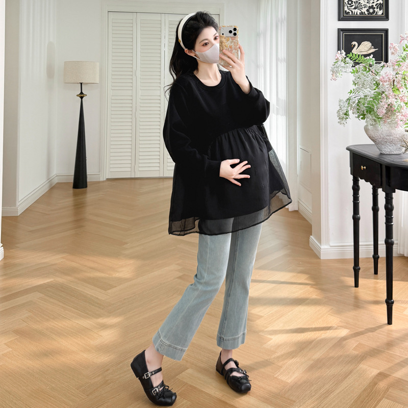 Бременна топ с патчворк, кръгла яка, дълги ръкави, средна дължина, смес акрил/полиестер/спандекс