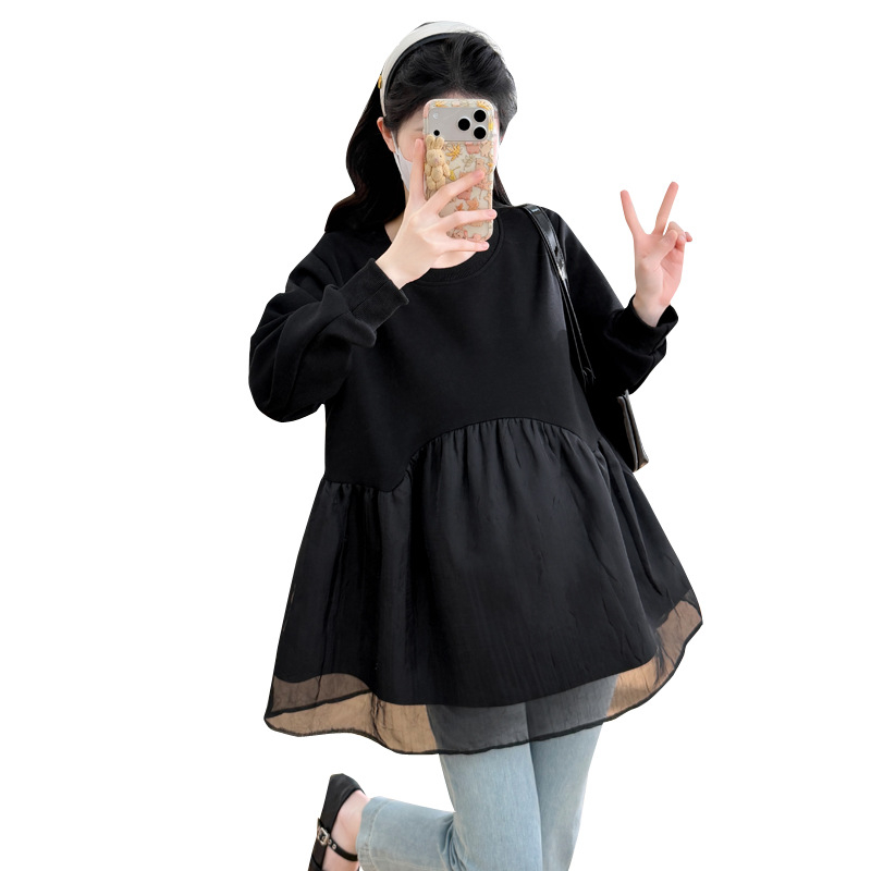 Бременна топ с патчворк, кръгла яка, дълги ръкави, средна дължина, смес акрил/полиестер/спандекс