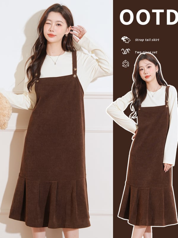 Двучастен комплект за бременни: рокля с пола тип русалка и горнище с кръгло деколте, дълги ръкави, chenille-влакна, вискоза-еластанова смес