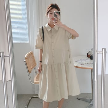 Рокля за бременни, корейски стил, оформяща талията, рокля-риза с лацкан, миди дължина, памук 70–80%
