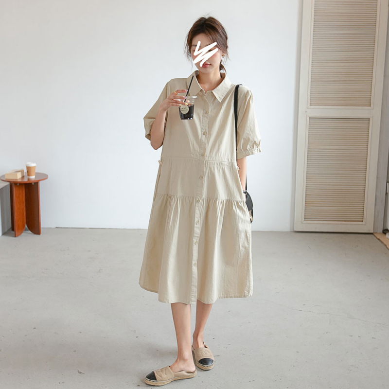 Рокля за бременни, корейски стил, оформяща талията, рокля-риза с лацкан, миди дължина, памук 70–80%