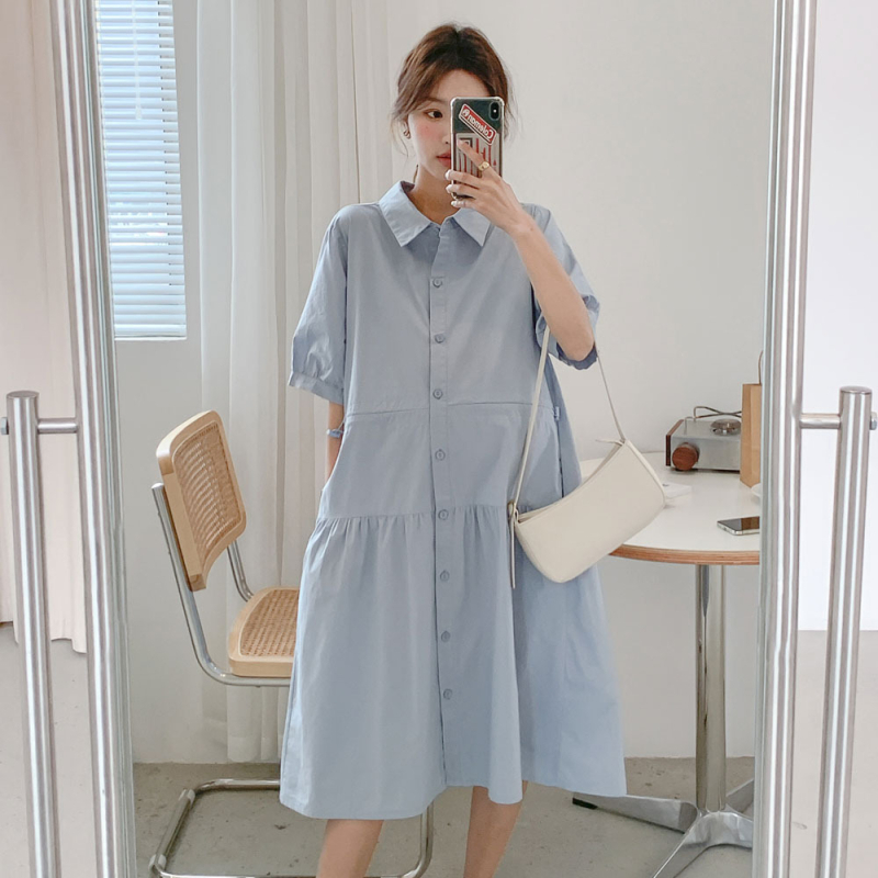 Рокля за бременни, корейски стил, оформяща талията, рокля-риза с лацкан, миди дължина, памук 70–80%