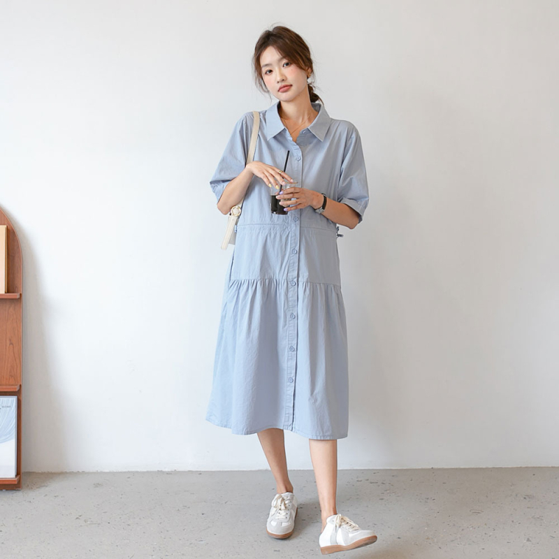 Рокля за бременни, корейски стил, оформяща талията, рокля-риза с лацкан, миди дължина, памук 70–80%