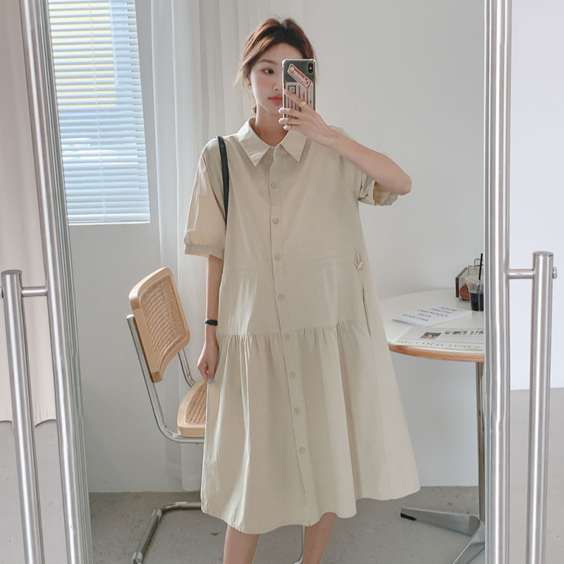 Рокля за бременни, корейски стил, оформяща талията, рокля-риза с лацкан, миди дължина, памук 70–80%